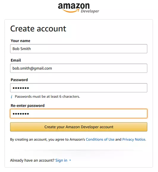 Amazon Developer: crea account