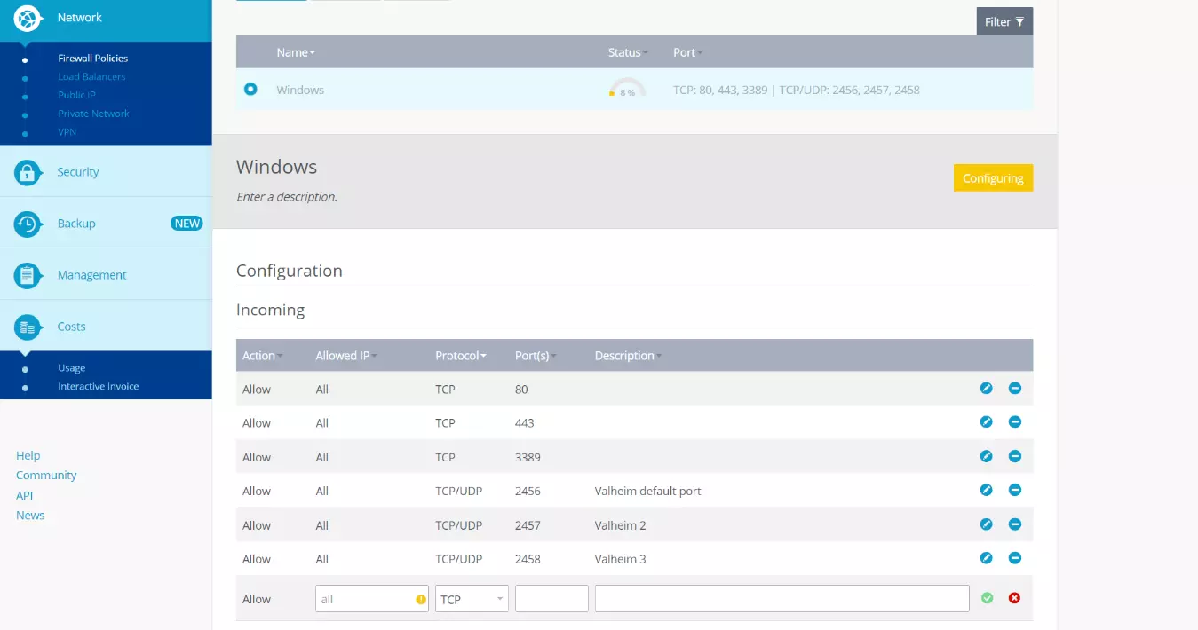 Configurare le regole del firewall nel Cloud Panel IONOS