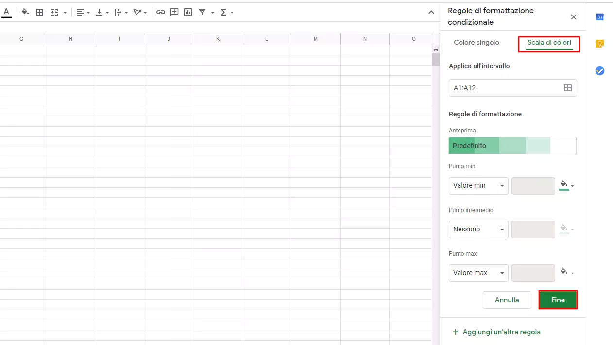 Fogli Google: menu di formattazione della scala colore