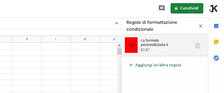 Google Sheets: regole di formattazione attive per la cella selezionata