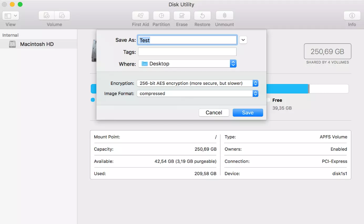 Utility Disco di macOS: selezione dell’algoritmo di crittografia