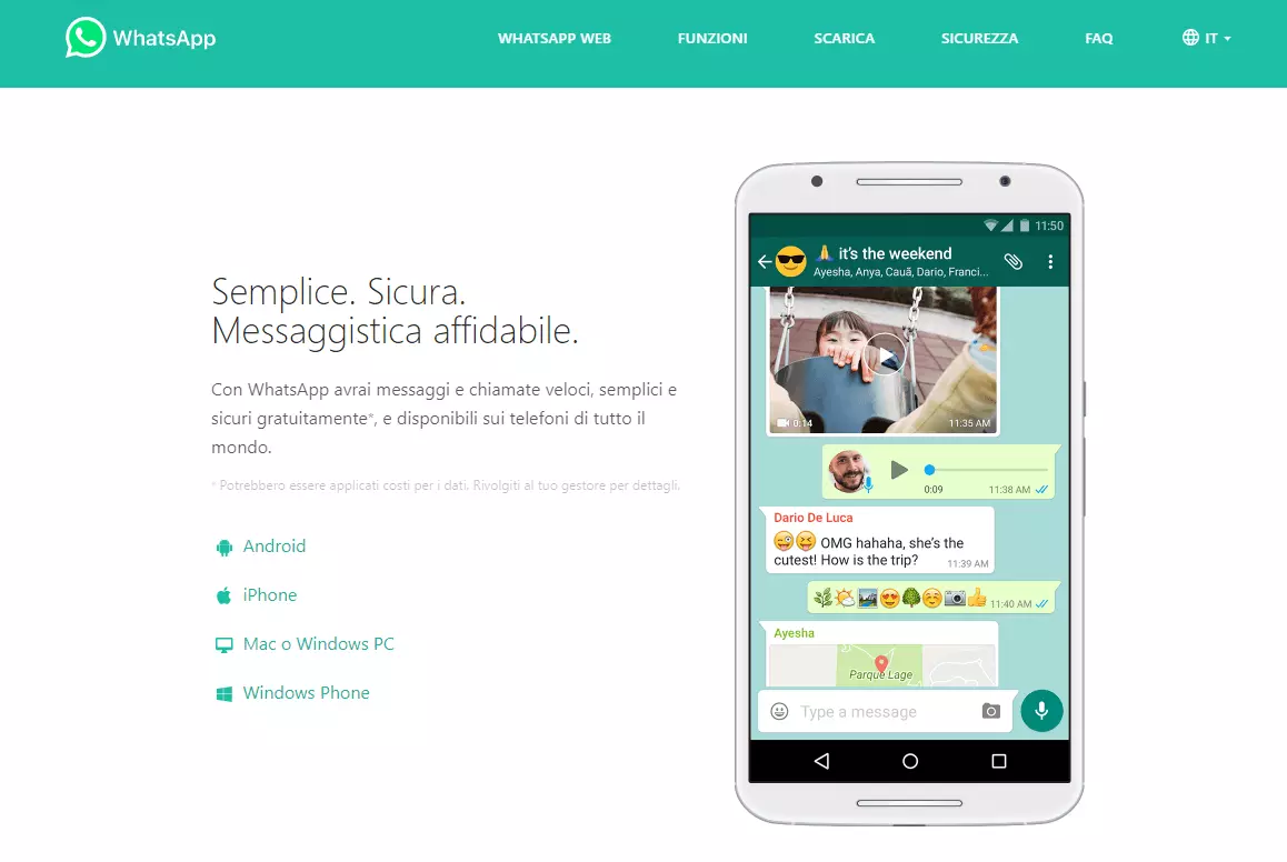 Screenshot della homepage italiana di WhatsApp