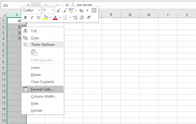 Menu di scelta rapida di Excel