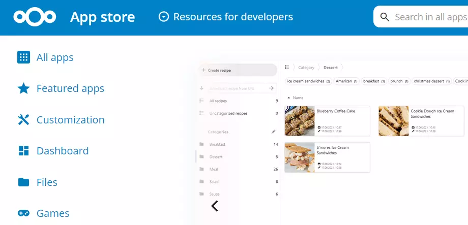 Screenshot dell’app Cookbook sull’app store di Nextcloud