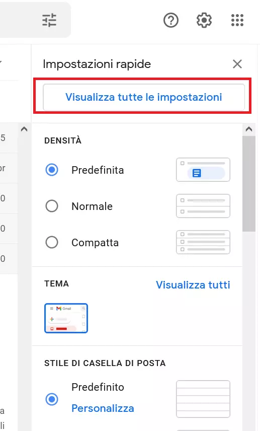 Menu Impostazioni in Gmail