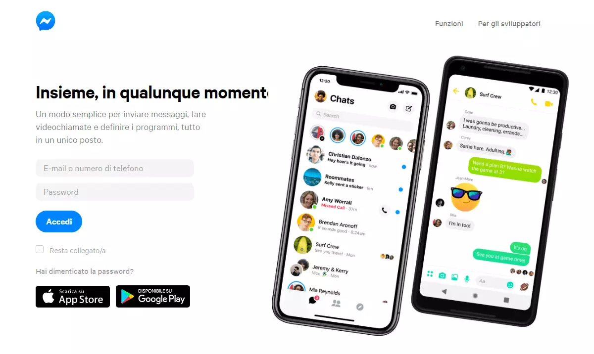 Screenshot della homepage ufficale del sito web di Facebook Messenger in lingua italiana