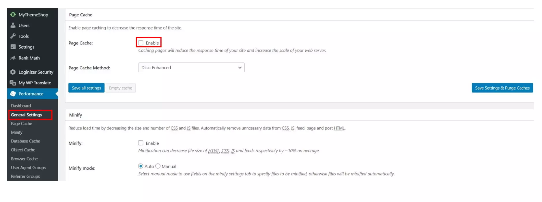 W3 Total Cache: menu per disattivare il caching