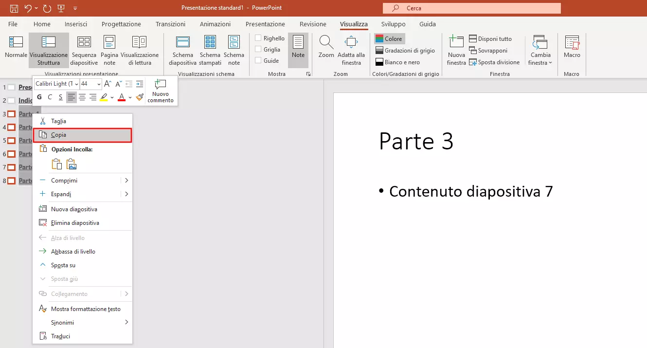 Creare un indice in PowerPoint: copiare la struttura