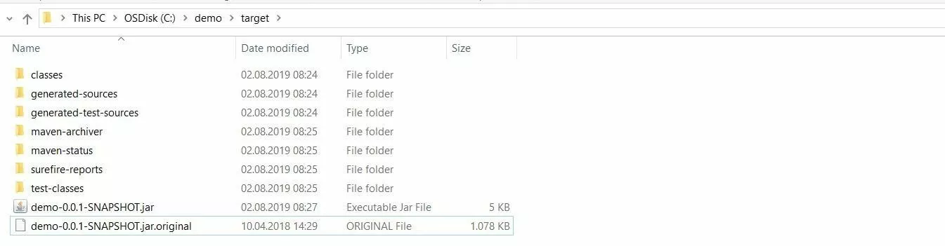 File JAR generato nella cartella "target" di Maven su Windows 10