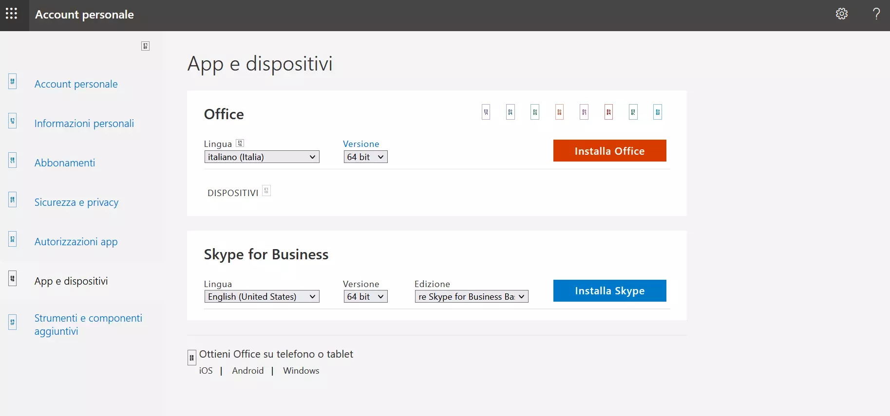 Finestra di download di Microsoft Office