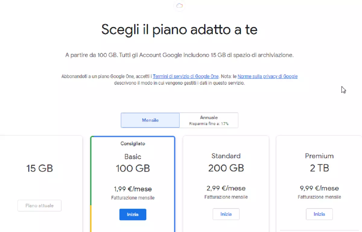 I diversi abbonamenti di Google One