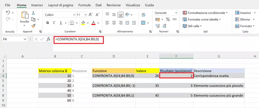 Esempio di applicazione di CONFRONTA.X in una cartella di lavoro di Excel