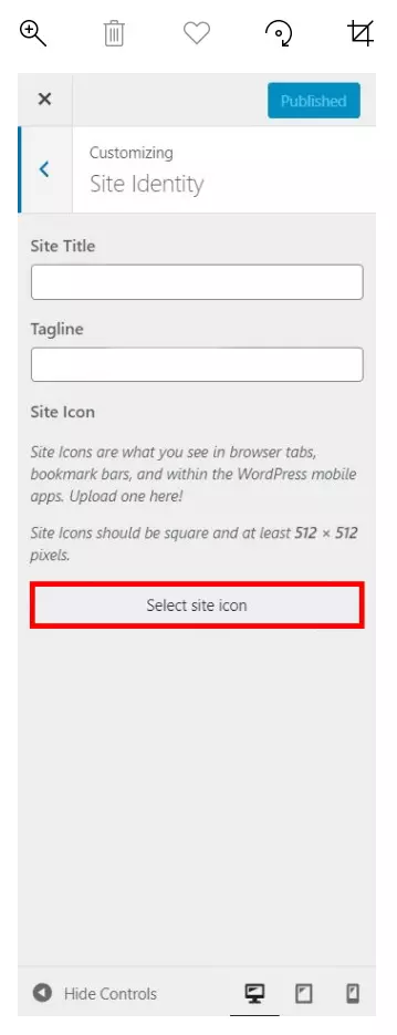 Aggiungere una favicon in WordPress: menu Denominazione del sito 