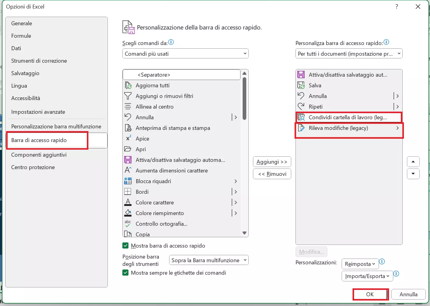 Opzioni di Excel