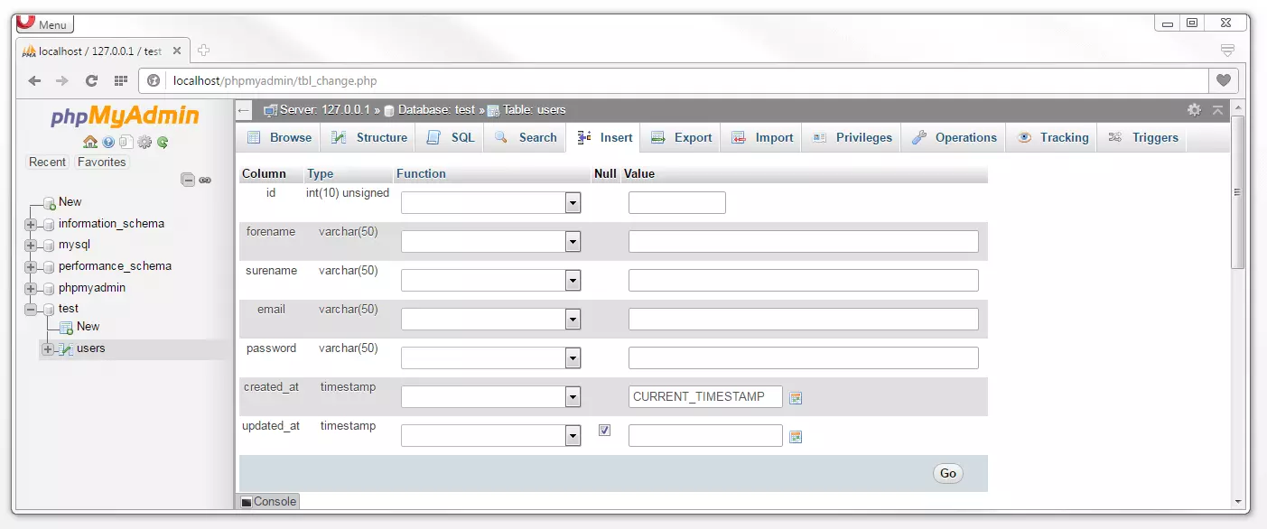 phpMyAdmin: maschera di inserimento dati per la creazione di record nella tabella