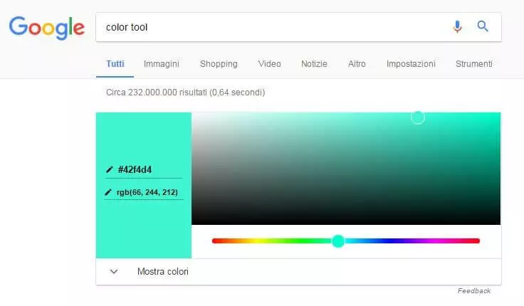 Risultato di ricerca per “color tool”, il selezionatore di colore di Google