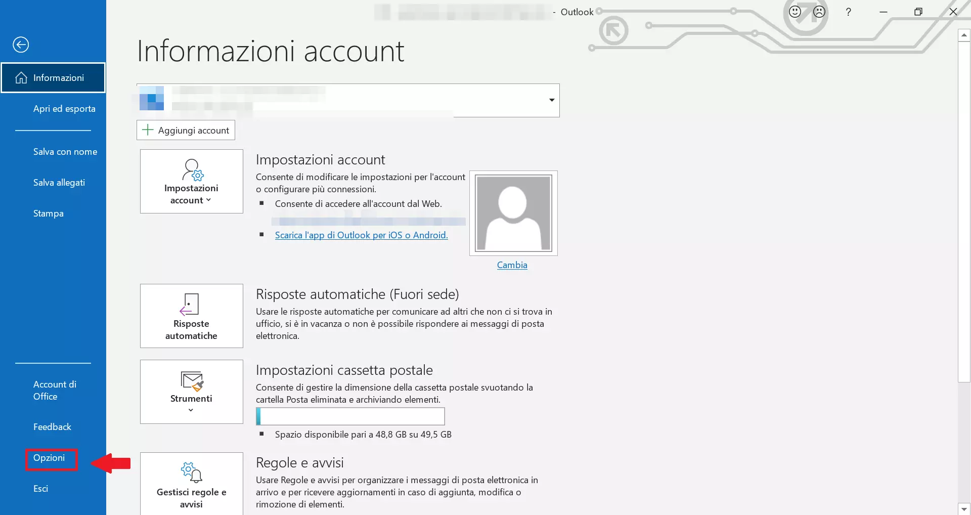 Menu di impostazioni di Outlook 