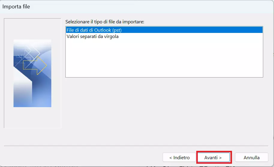 Procedura guidata di Outlook di importazione ed esportazione: selezione del file PST da importare