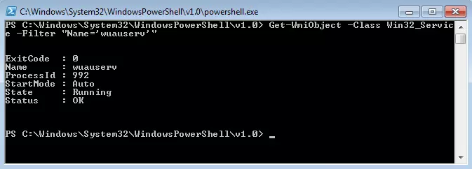 Risultati della pipeline Get-WmiObject –nomecomputer -Class Win32_Service -Filter "Name='wuauserv'"