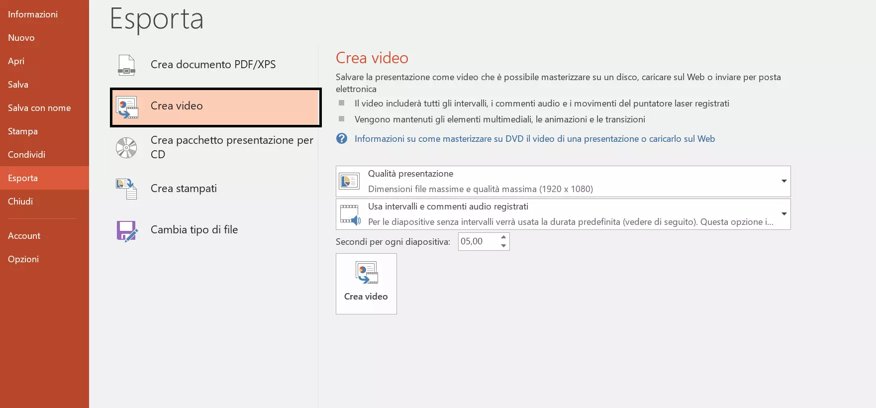 Salvare Powerpoint come video: selezione formato