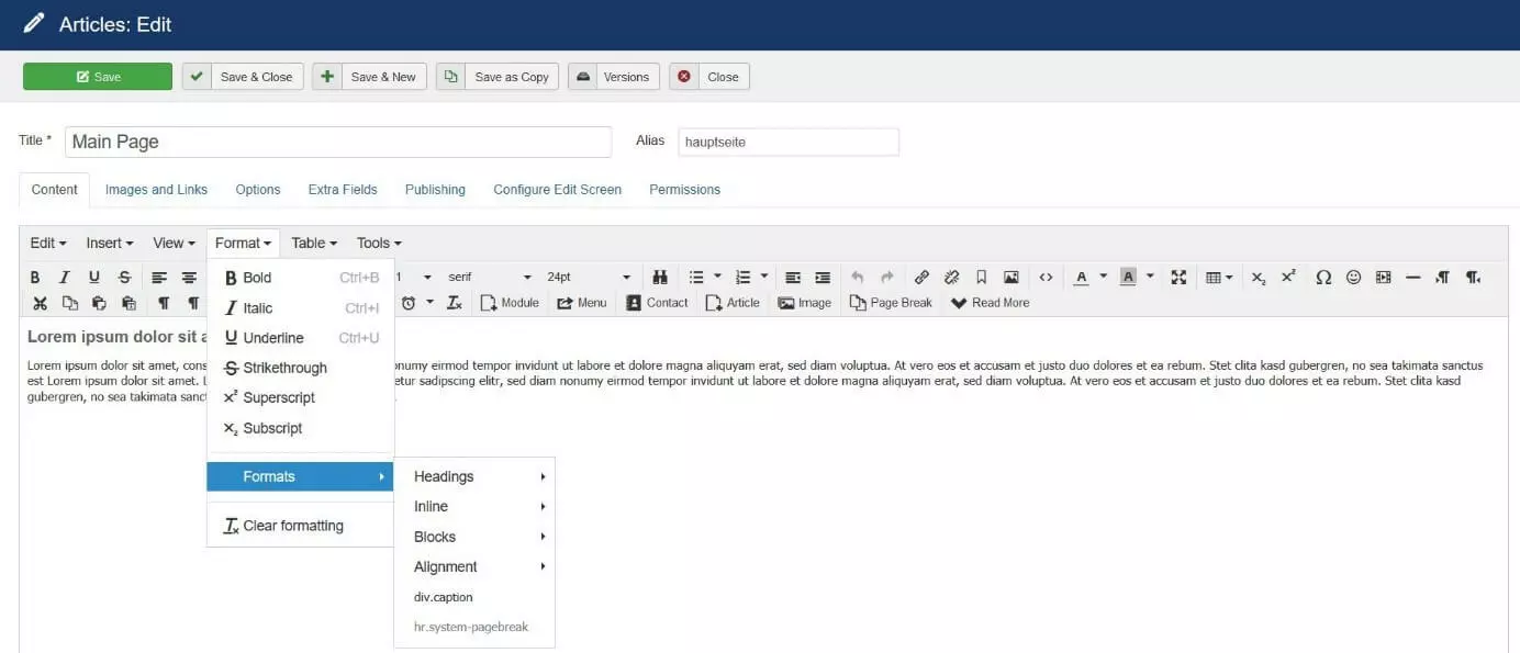 Finestra per la creazione di un nuovo articolo in Joomla