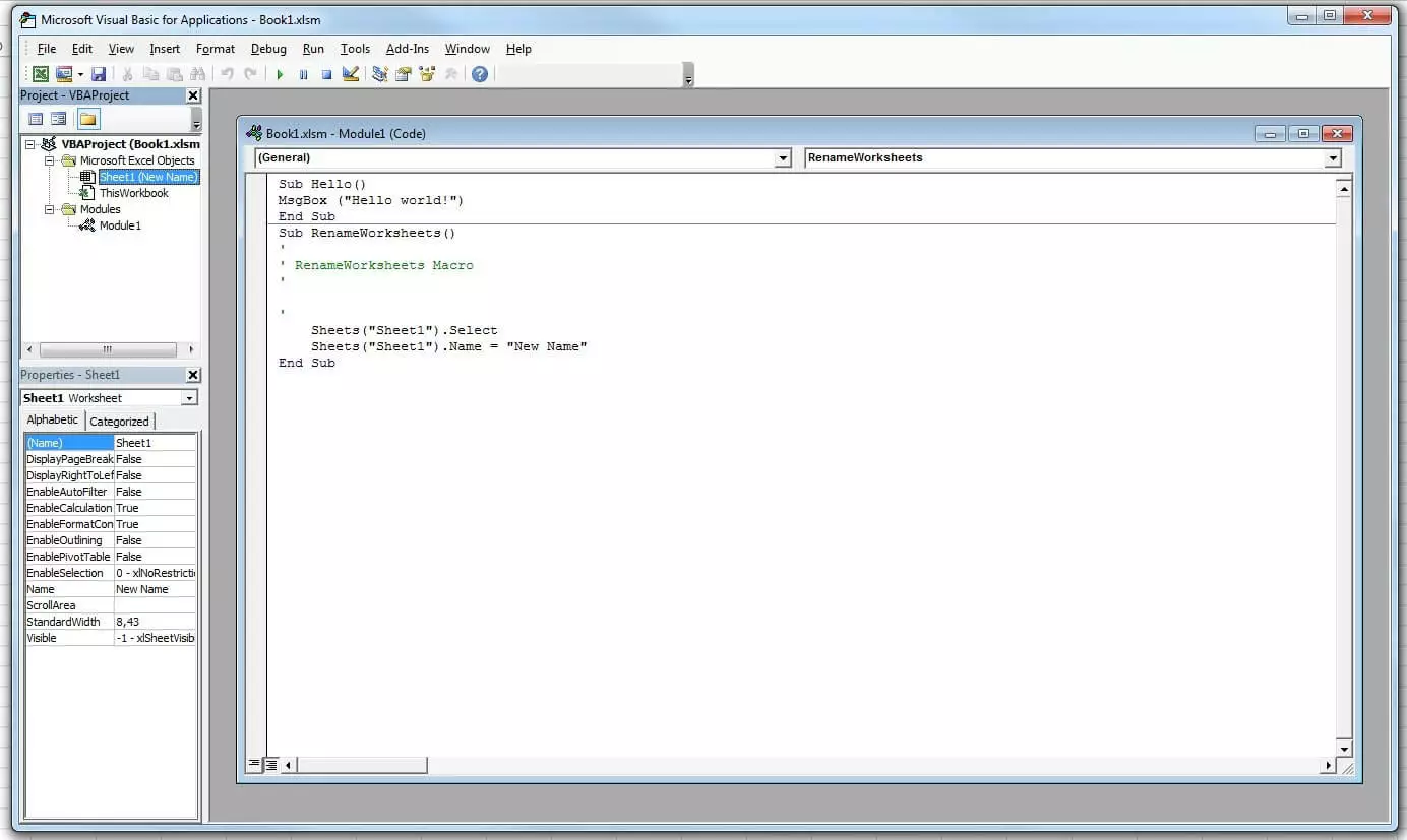 Codice della macro “RenameWorksheets” su Excel