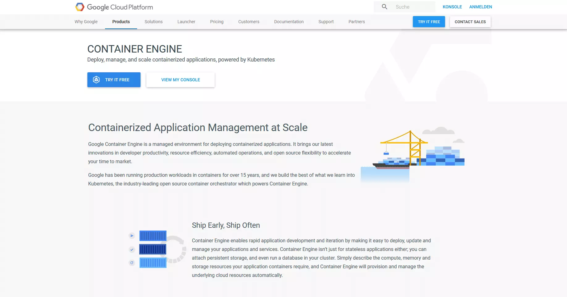 Pagina del prodotto Google Container Engine (GKE) sulla piattaforma cloud di Google