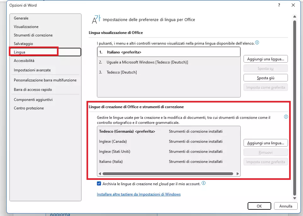 Menu “Lingue di creazione di Office e strumenti di correzione” su Word