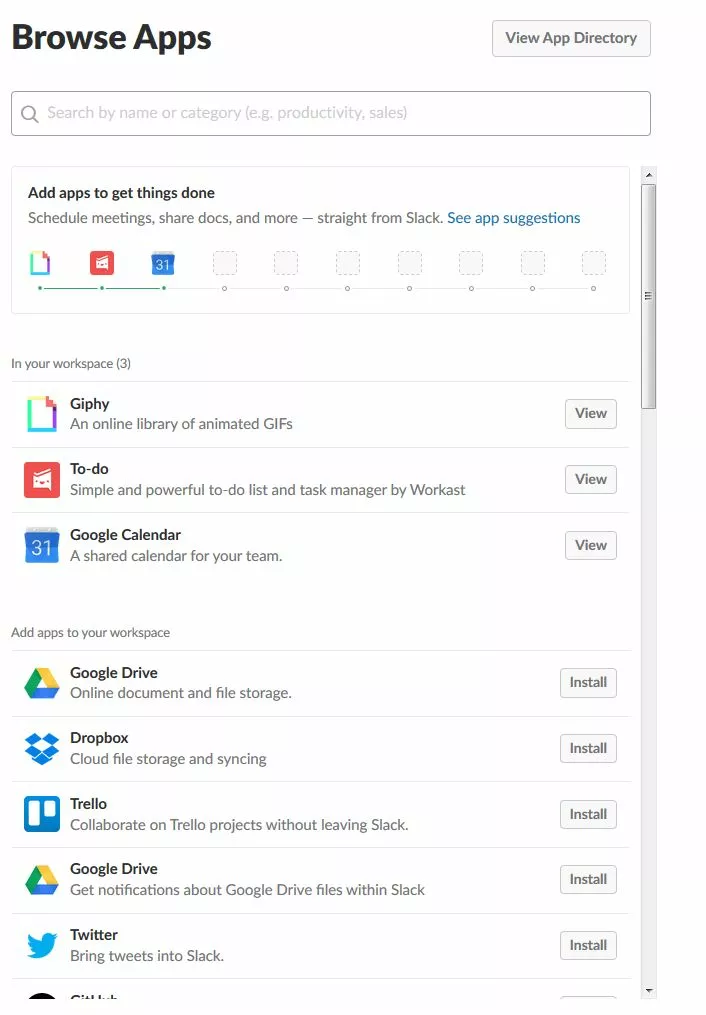 Ricerca di app su Slack