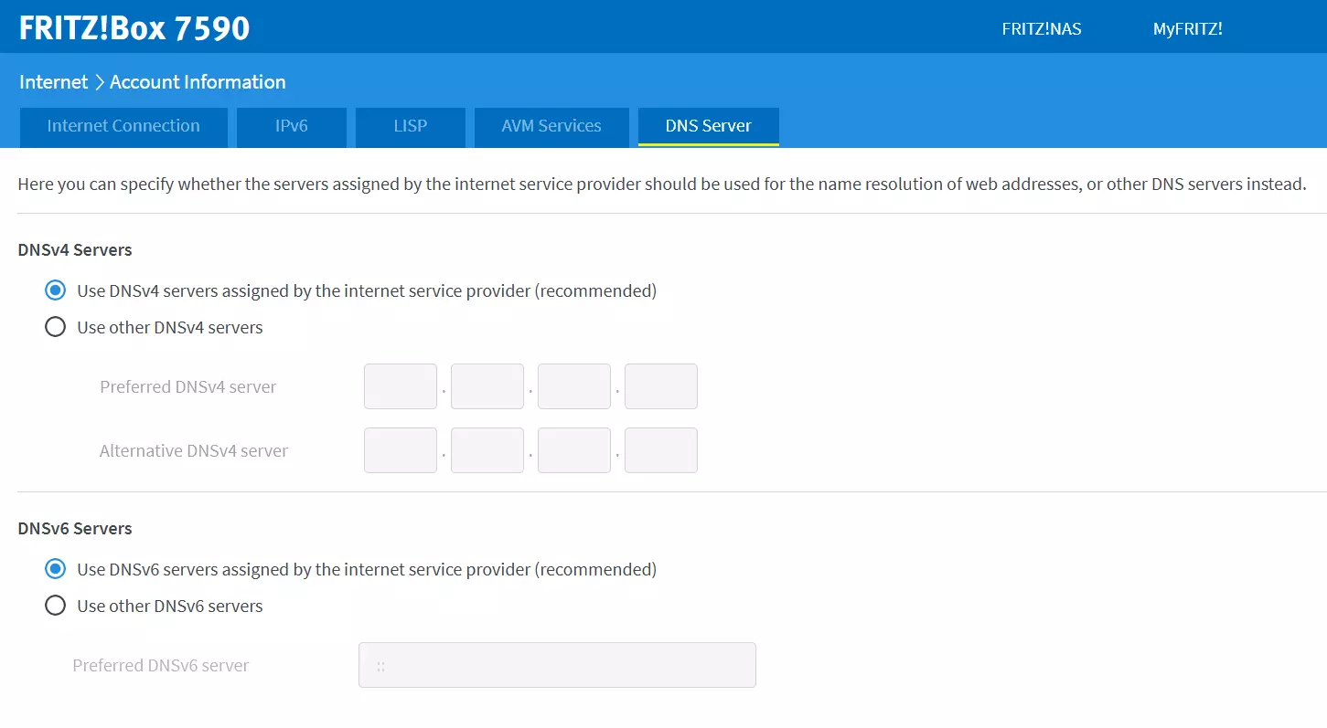 Impostazioni DNS nell’interfaccia di amministrazione di un Fritz!Box 7590