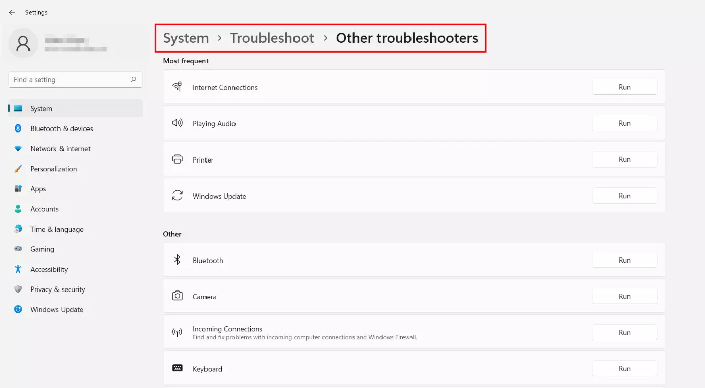 Windows 11: menu “Altri strumenti di risoluzione dei problemi”