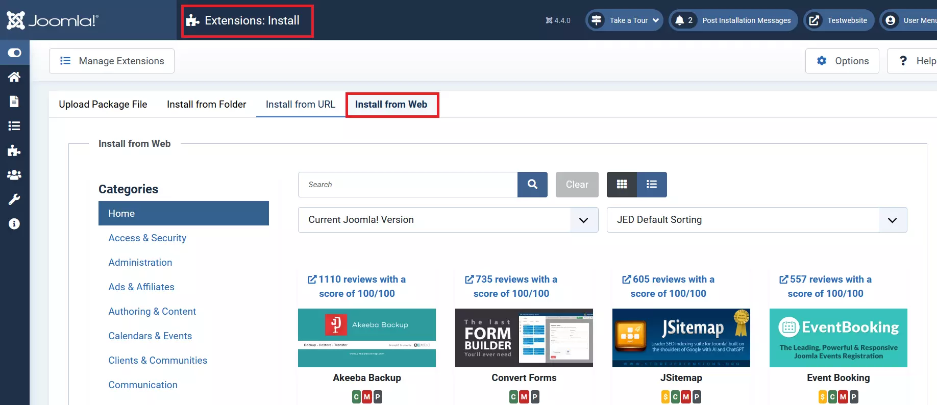 Screenshot del catalogo web di Joomla nel back end