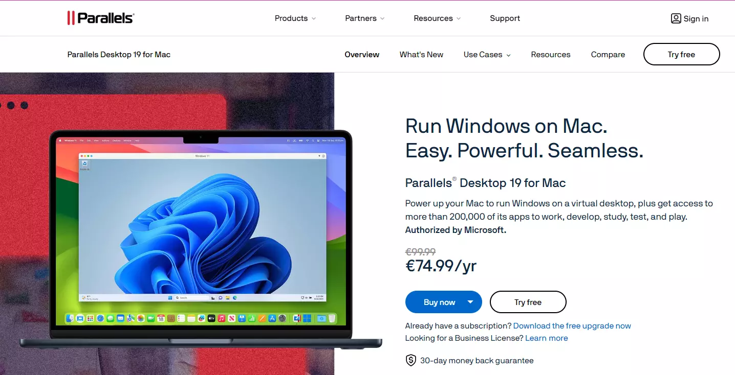 Schermata del sito di Parallels Desktop per Mac