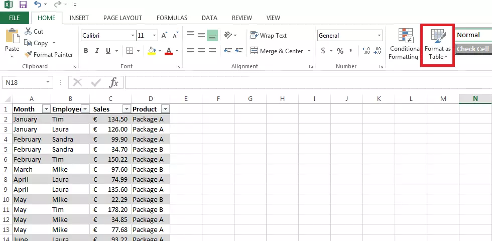 Set di dati su Excel formattato come tabella