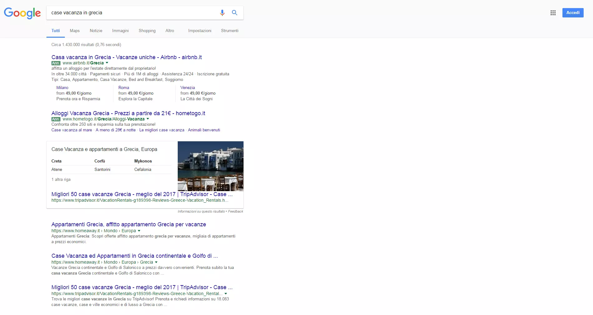 Screenshot della ricerca “case vacanza in Grecia” su Google oggi, in italiano