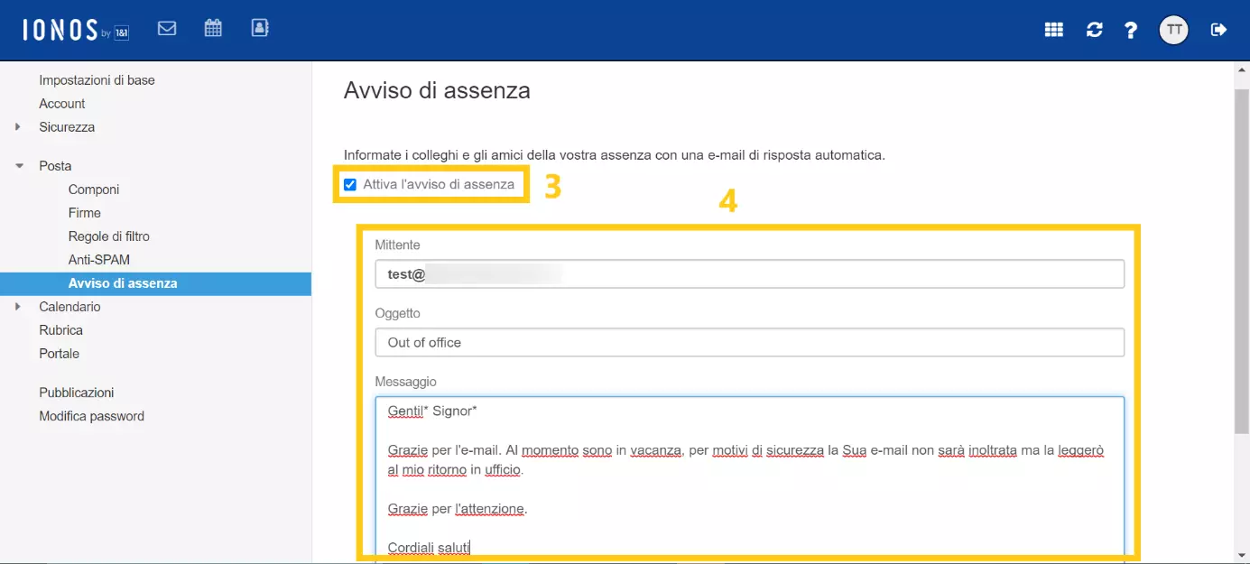 Impostazioni per l’avviso di assenza sull’interfaccia della casella di posta elettronica IONOS