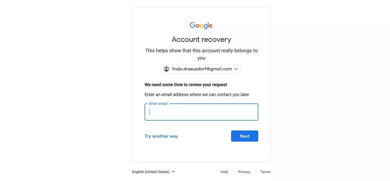 Menu di Google per l’inserimento di un indirizzo e-mail corrente