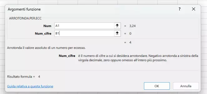 Excel: funzione di arrotondamento manuale nella finestra Argomenti funzione