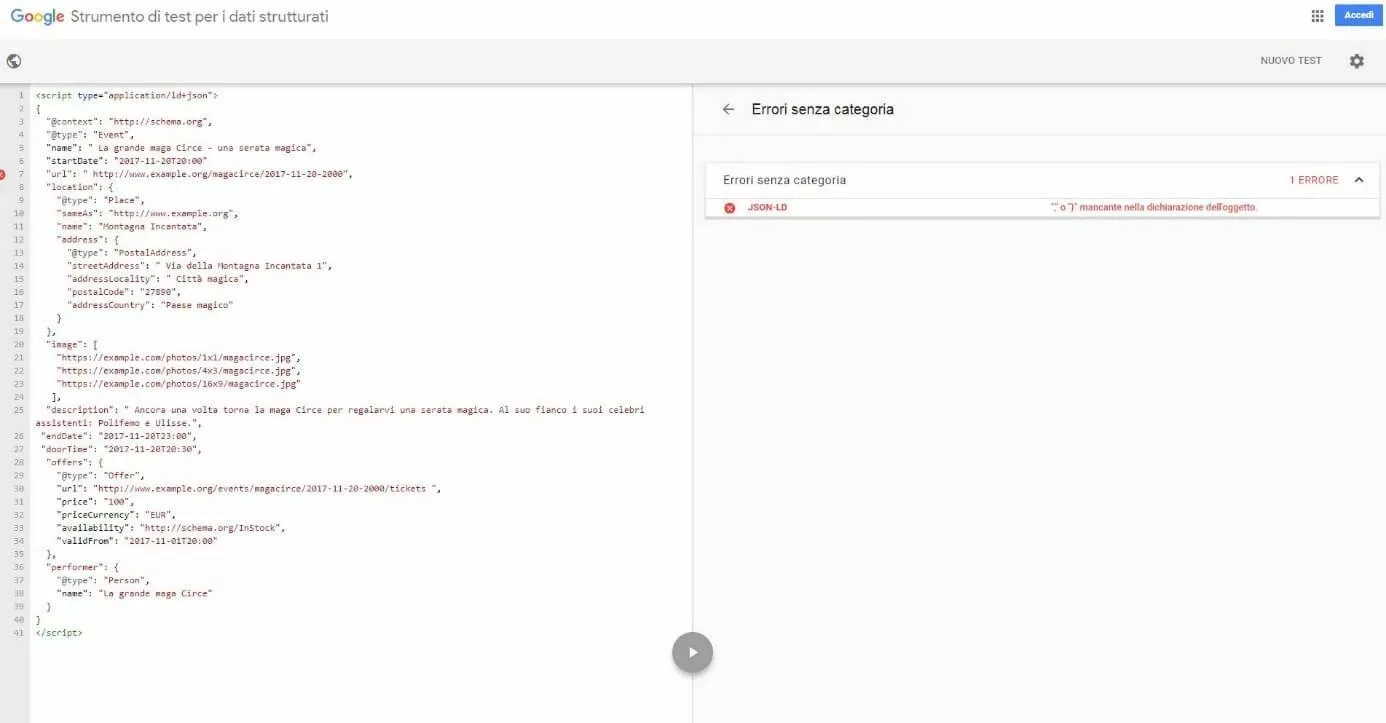 Strumento di test per i dati strutturati di Google dopo la convalida: rilevato 1 errore