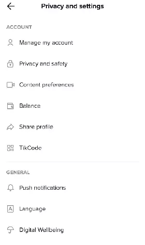 Menu TikTok “Privacy e impostazioni”