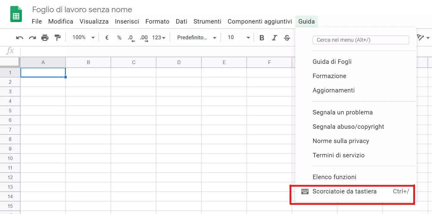Fogli Google: Voce Scorciatoie da tastiera nel menu Guida