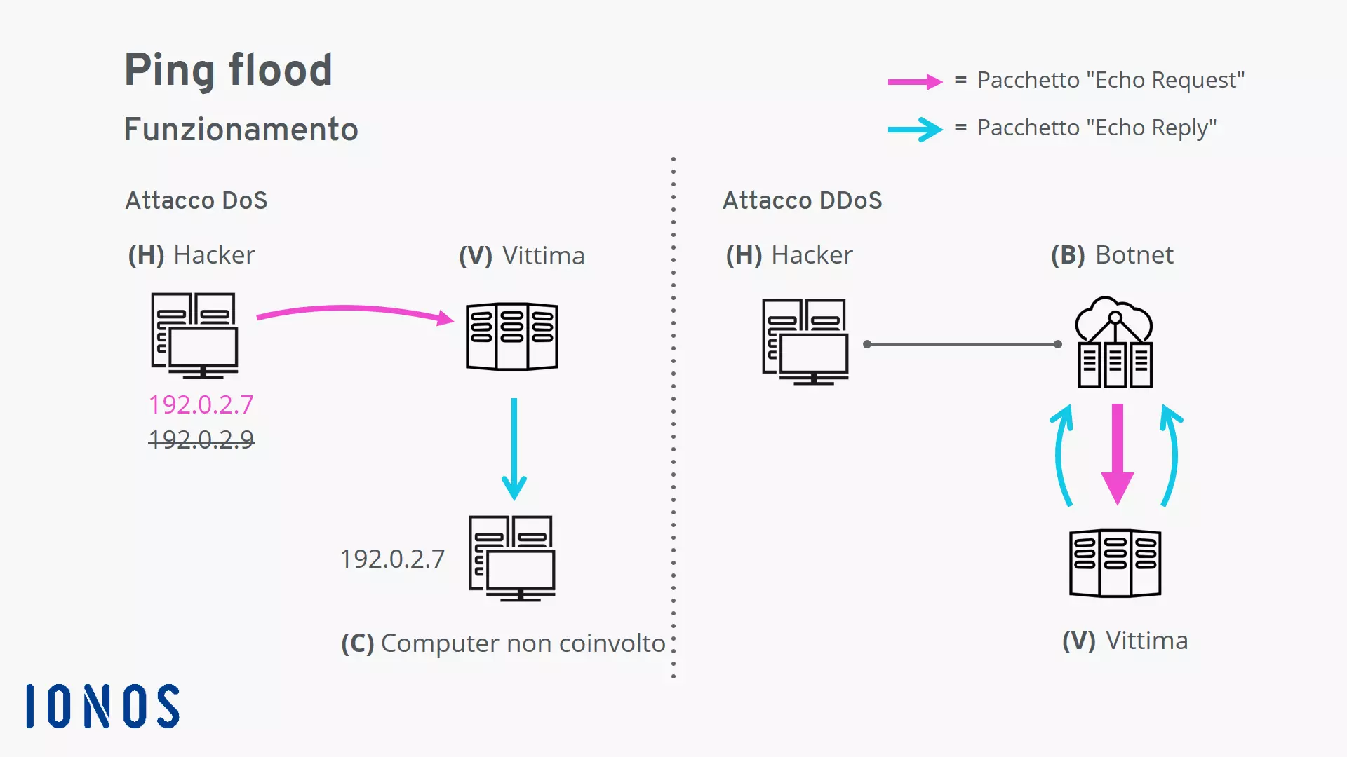 Funzionamento del ping flood: varianti DoS o DDoS