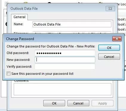 File di dati di Outlook: menu per il cambio di password