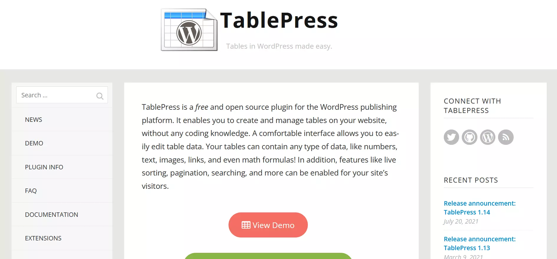 Homepage del plugin di WordPress TablePress