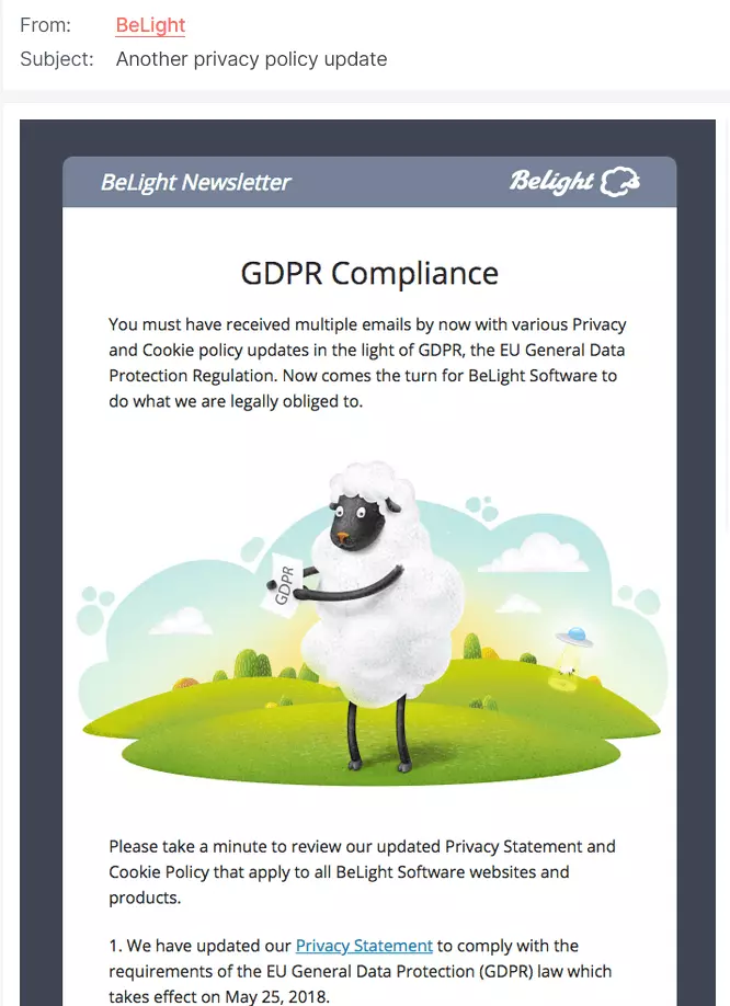 Esempio di una newsletter con informazioni relative alla conformità al GDPR di BeLight