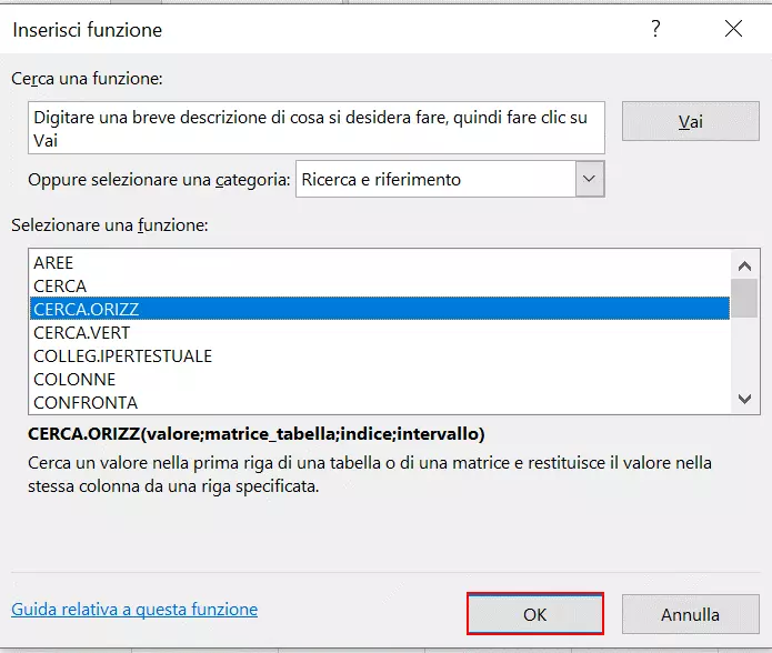 Funzione CERCA.ORIZZ in “Inserisci funzione”