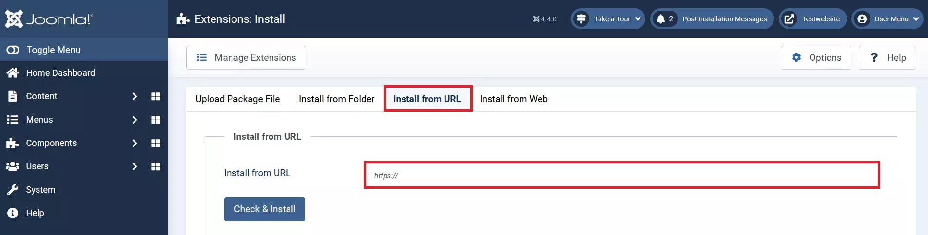 Opzione “Installa da URL” nel back end di Joomla