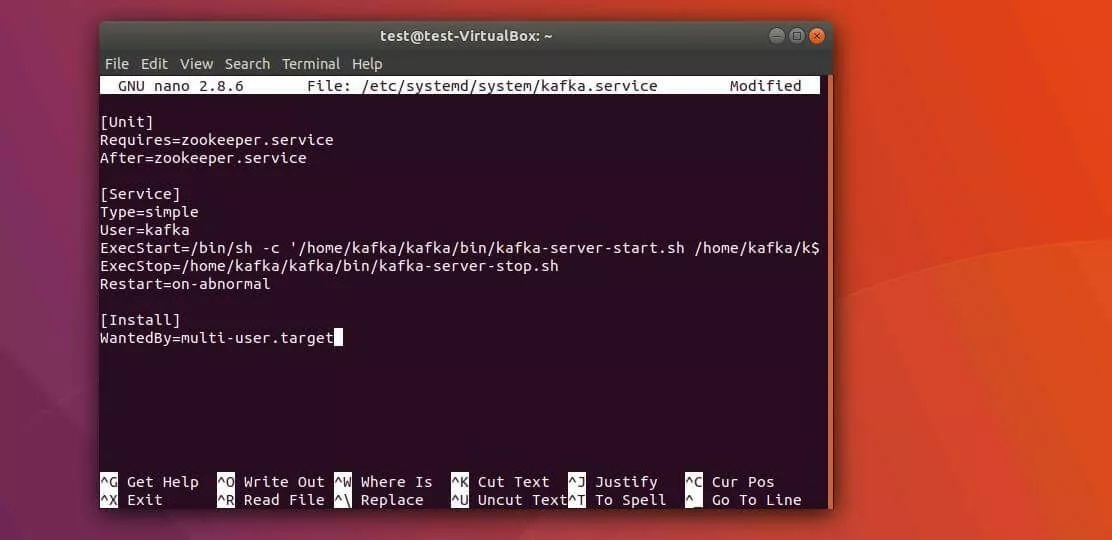 Terminale Ubuntu: file kafka.service nell’editor nano