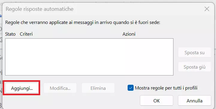 Finestra per stabilire le regole per le risposte automatiche con Outlook