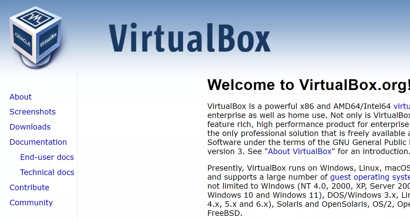 Screenshot del sito web di VirtualBox